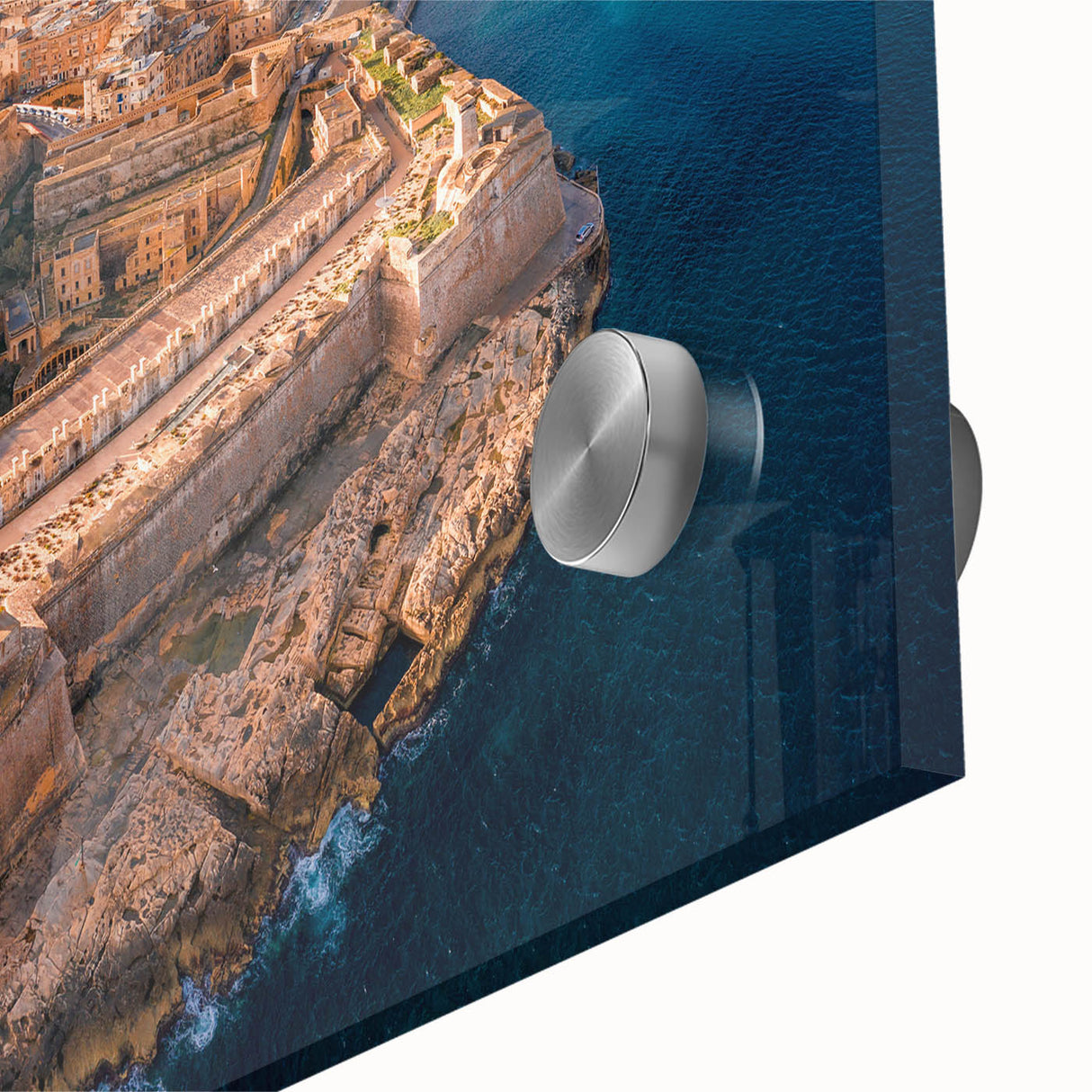 Large abstract wall art featuring a mid-century modernist Malta scenery in muted earth tones on acrylic glass.