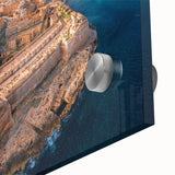 Large abstract wall art featuring a mid-century modernist Malta scenery in muted earth tones on acrylic glass.