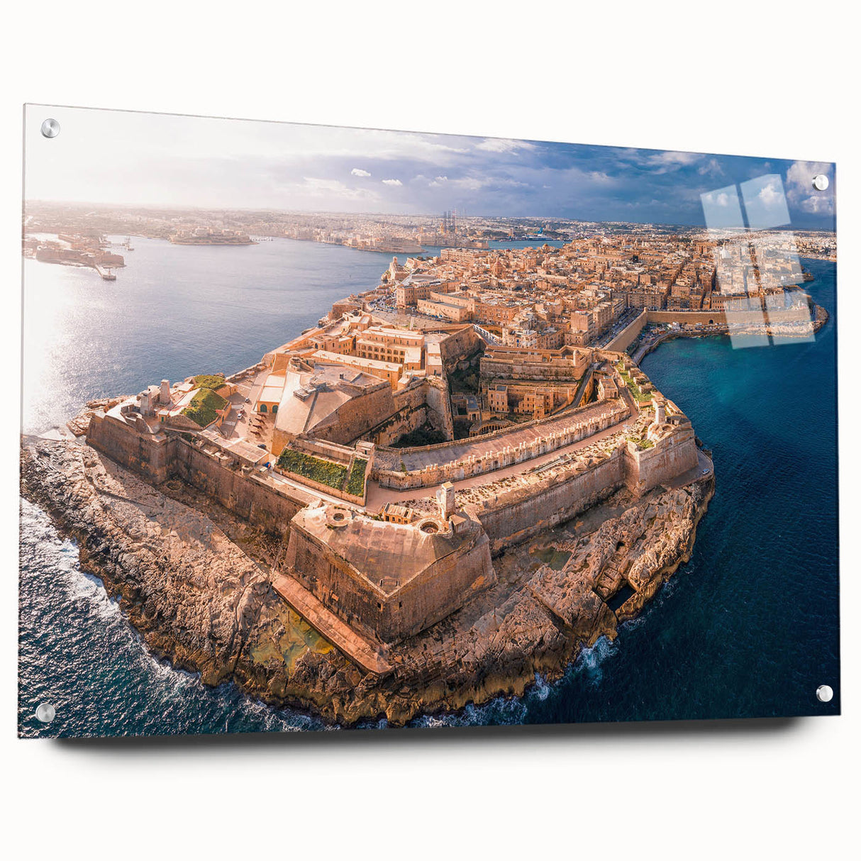 Acrylic print of a Malta landscape in muted earth tones, ideal for dining room or bedroom decor.