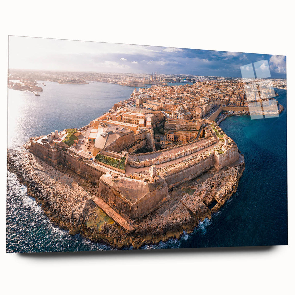 Large abstract wall art of a European Malta scenery in muted earth tones on acrylic glass.