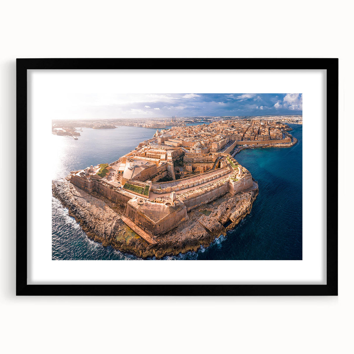 Extra large abstract art print depicting colorful, textured scenery of Malta in a black frame, ideal for living room decor.