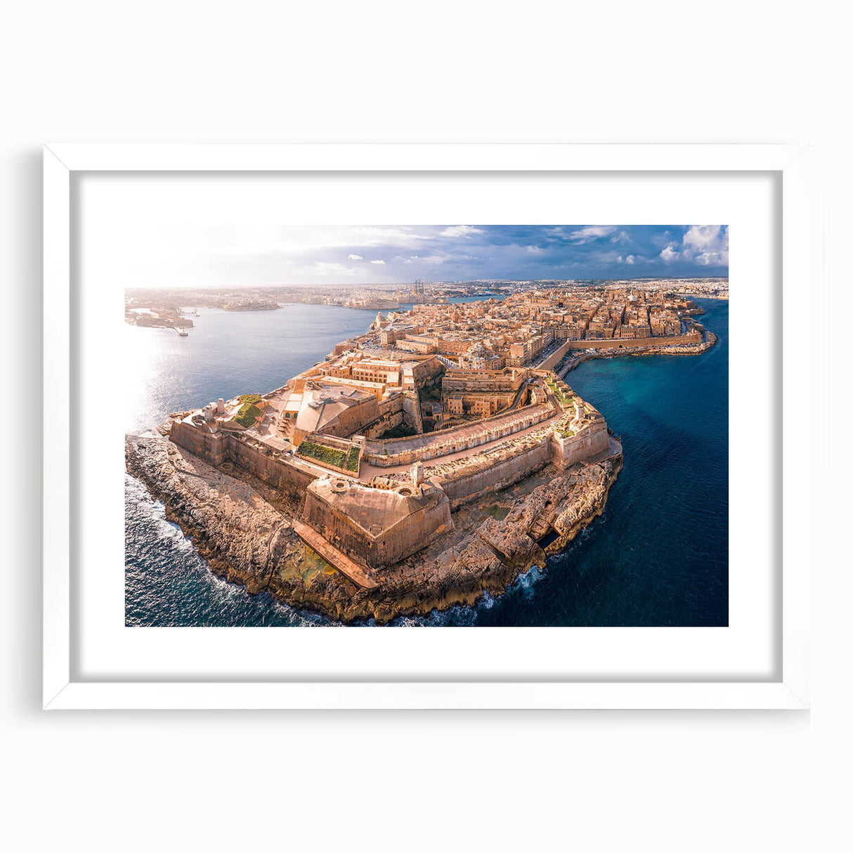 Textured art print of Malta scenery in abstract style, featuring muted earth tones, framed with a white mat.