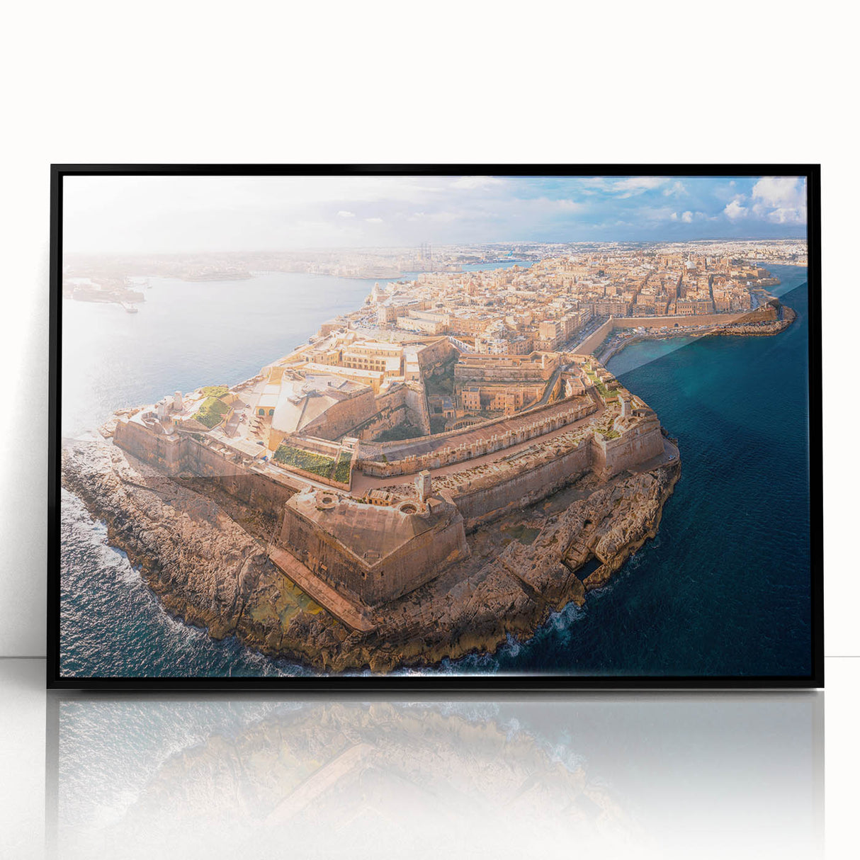 Large abstract wall art depicting a European Malta scenery in black acrylic frame, suitable for modern living room decor.