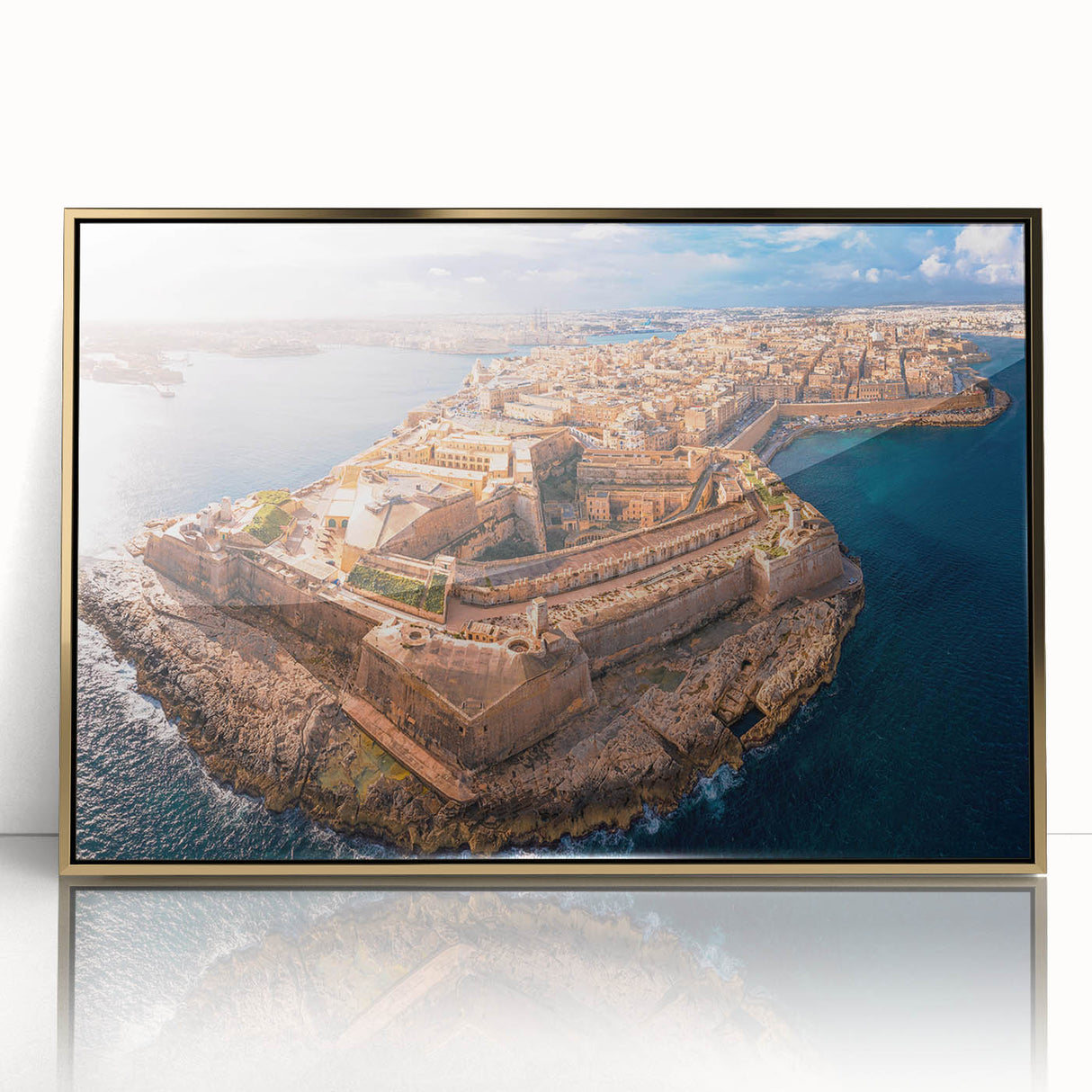 Mid-century modernist art depicting a European Malta scenery in gold and teal tones, acrylic print framed.