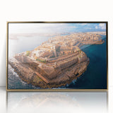 Mid-century modernist art depicting a European Malta scenery in gold and teal tones, acrylic print framed.