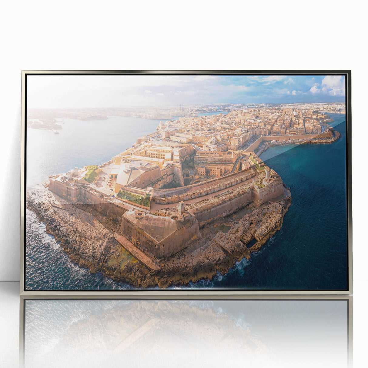 Art deco poster of Malta scenery in silver frame, acrylic print, suitable for modern art wall decor.
