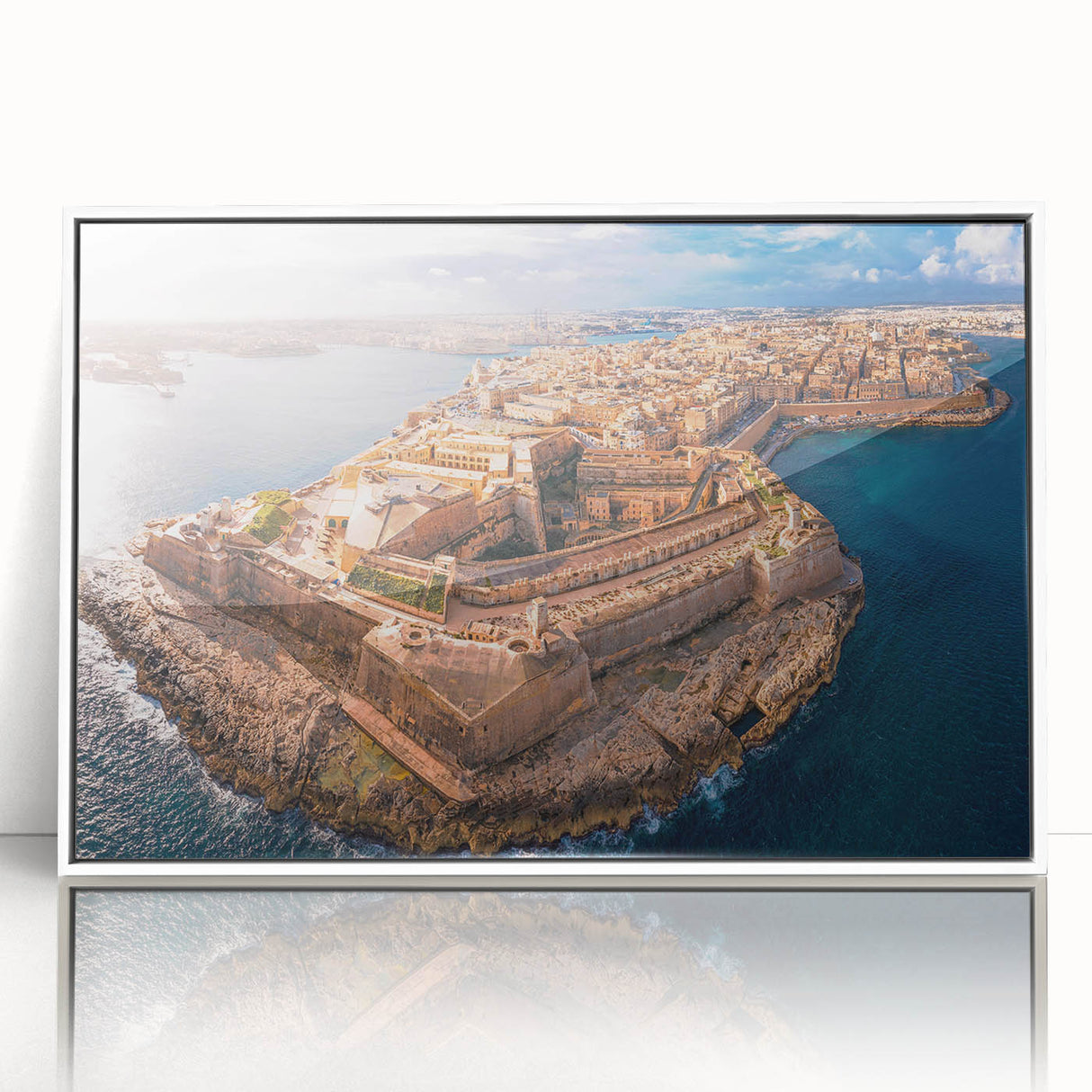 Large art print of a European Malta scenery in mid-century modernist style, framed in white acrylic.