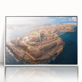 Large art print of a European Malta scenery in mid-century modernist style, framed in white acrylic.