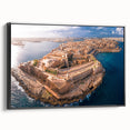 Black and white framed canvas of a vintage Malta landscape, ideal for bedroom wall decor.