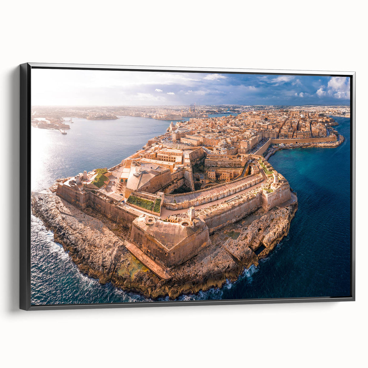 Black and white framed canvas of a vintage Malta landscape, ideal for bedroom wall decor.