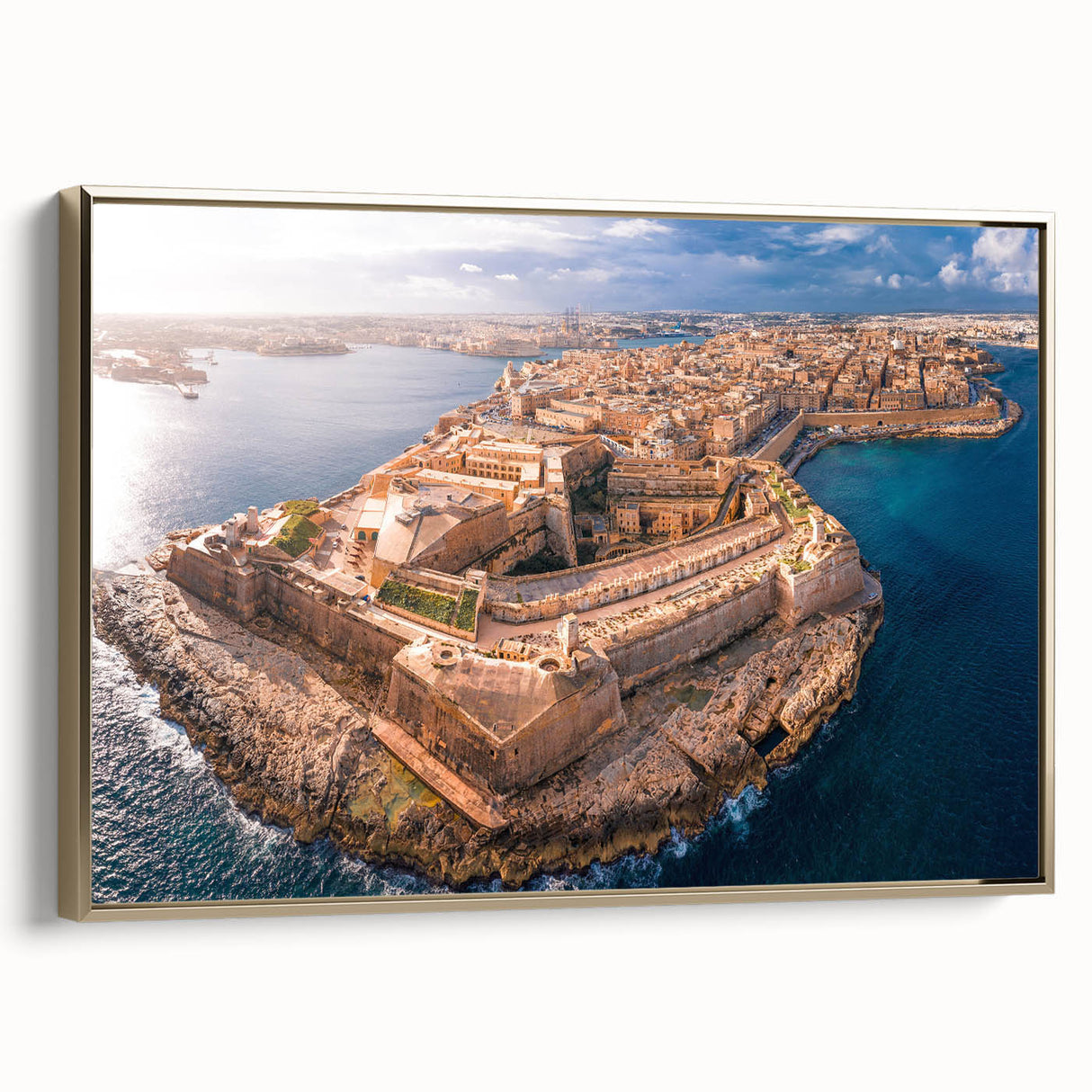 Framed canvas featuring a vintage-style landscape painting of Malta in muted gold and black tones.