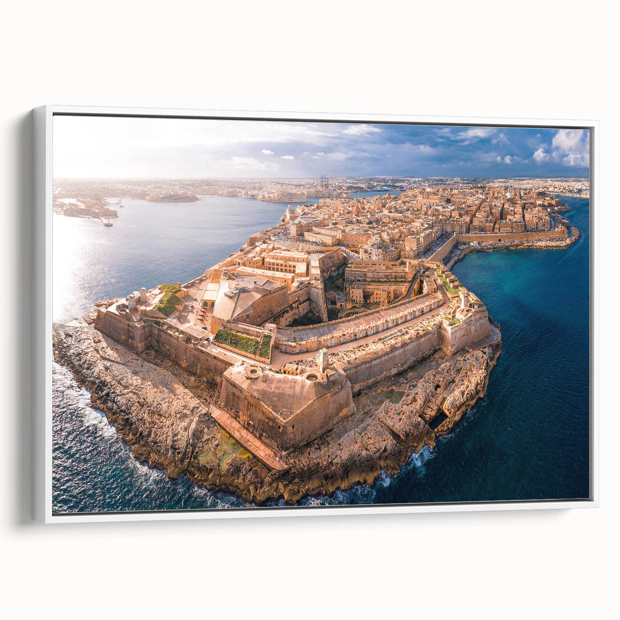 Vintage poster art of a scenic Malta landscape on extra large framed canvas, featuring colorful art with black accents.