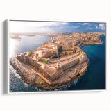 Vintage poster art of a scenic Malta landscape on extra large framed canvas, featuring colorful art with black accents.