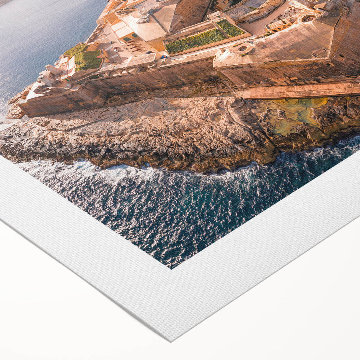 Art deco poster of a European Malta scenery in muted earth tones on rolled canvas, suitable for dining room wall art.