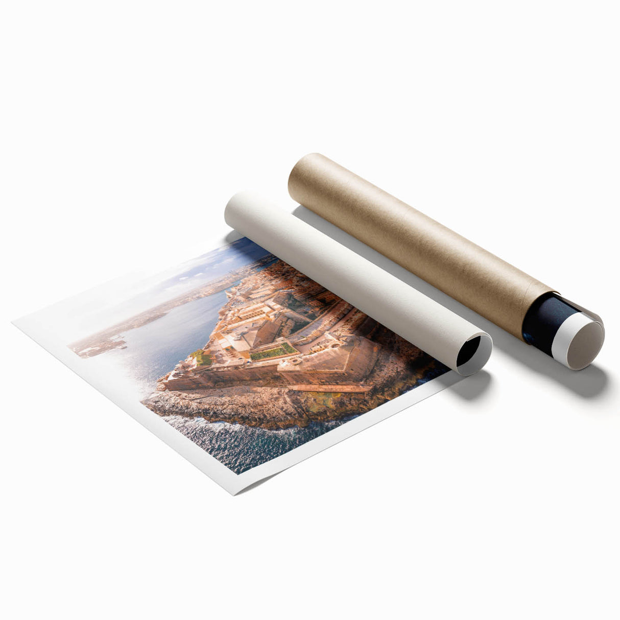 Extra large rolled print of a scenic Malta landscape with vibrant blue and green hues, ideal for classy bathroom wall decor.