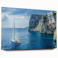 Large abstract acrylic print of the Mediterranean Sea in blue and turquoise tones, ideal for bedroom or dining room decor.