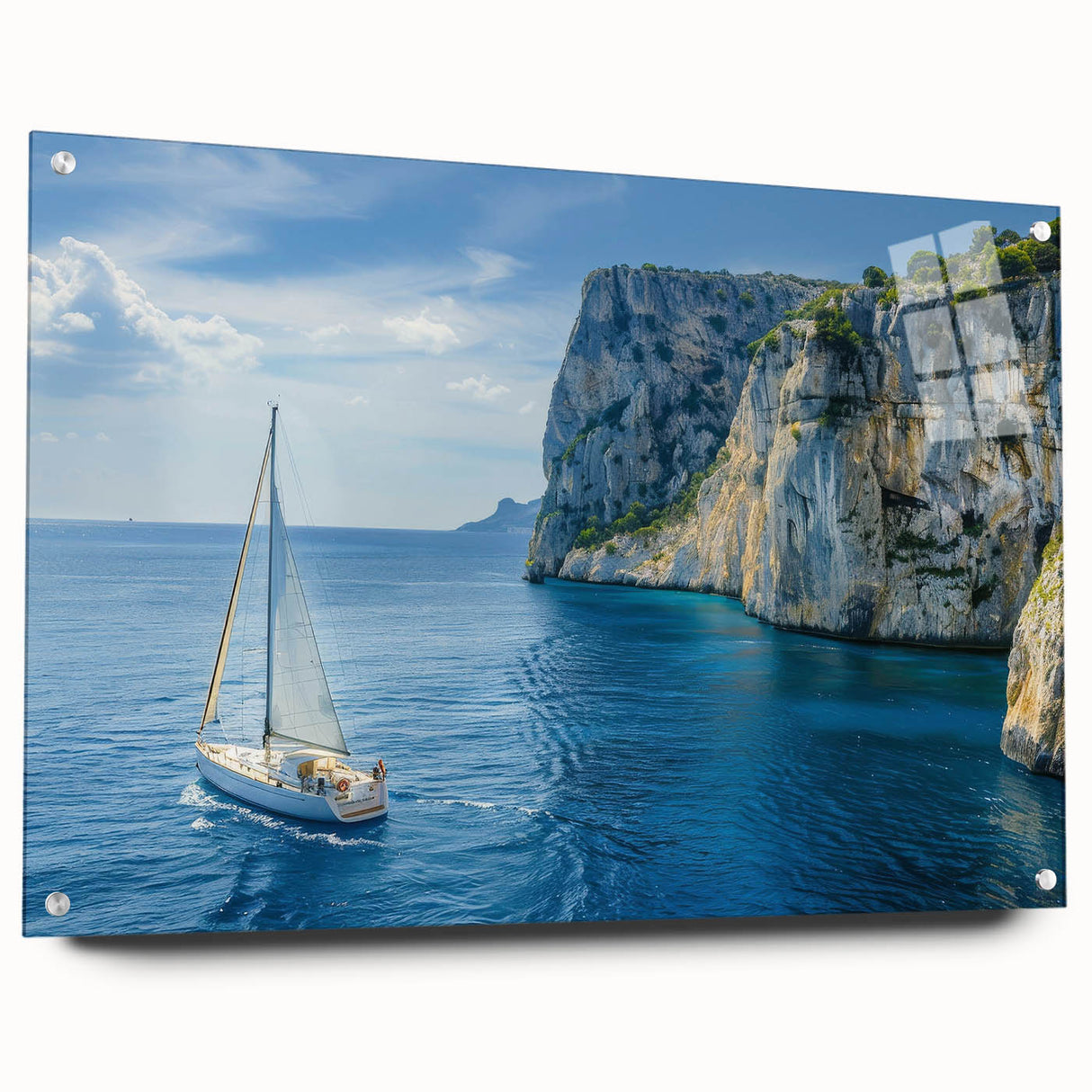Large abstract acrylic print of the Mediterranean Sea in blue and turquoise tones, ideal for bedroom or dining room decor.