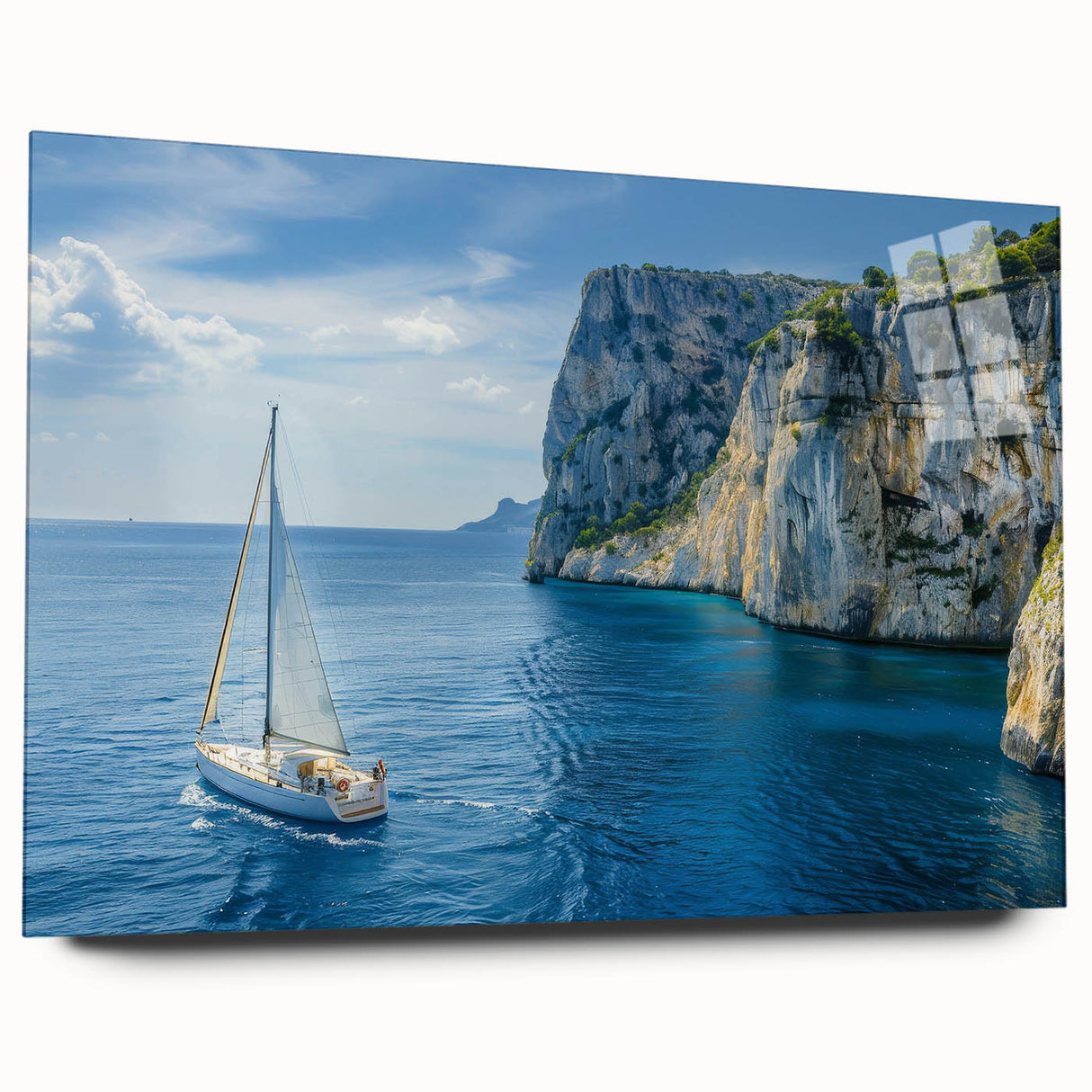 Large abstract wall art of the Mediterranean Sea in muted blue and turquoise, printed on acrylic glass.