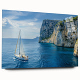 Large abstract wall art of the Mediterranean Sea in muted blue and turquoise, printed on acrylic glass.