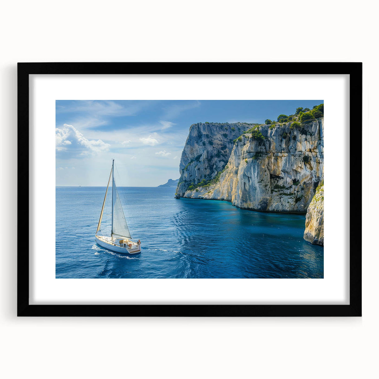 Extra large framed abstract art print depicting a colorful Mediterranean seascape, ideal for living room decor.