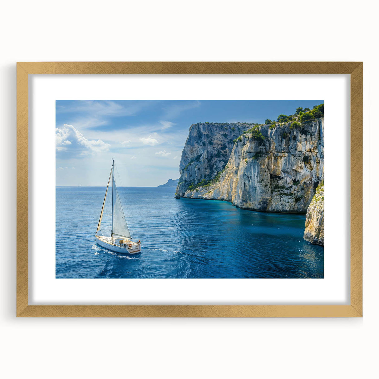 Abstract art print of the Mediterranean Sea in muted blue and green tones, framed with a gold mat.