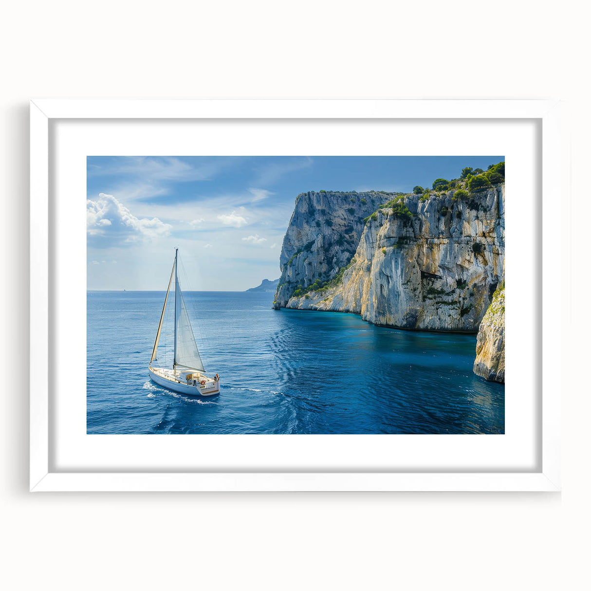Textured art of the Mediterranean Sea in abstract style, with muted blue and white tones on a framed print.