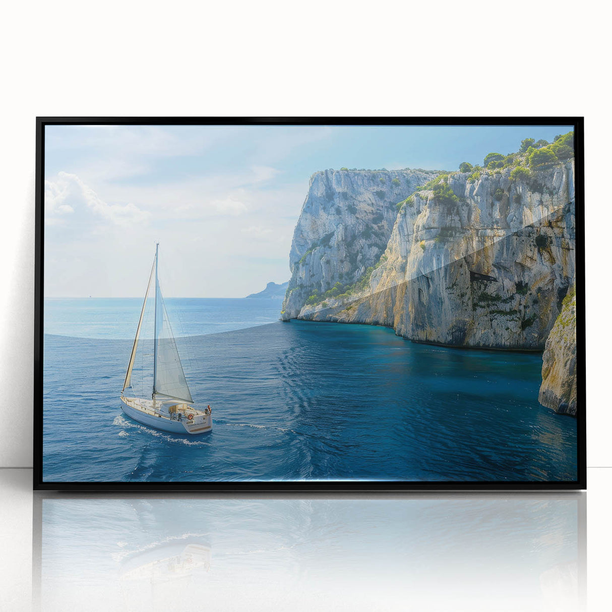 Large abstract wall art depicting the Mediterranean Sea in vibrant blues and greens, framed in black acrylic.