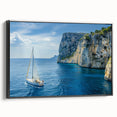 Black and white framed canvas of a vintage Mediterranean seascape, suitable for bedroom wall art.