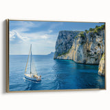 Framed canvas depicting a vintage-style Mediterranean seascape with muted gold and black tones, ideal for bedroom wall art.