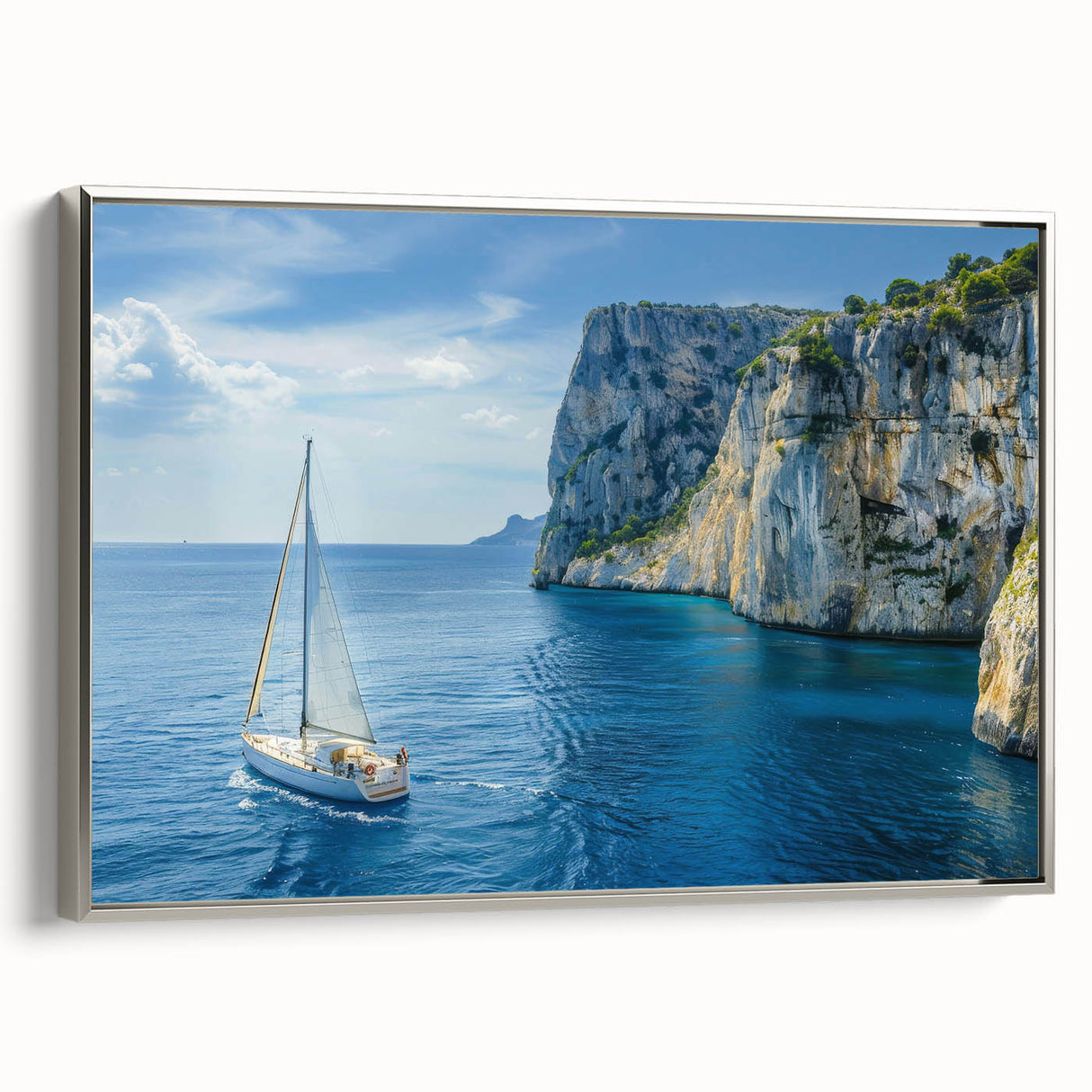 Framed canvas landscape art painting depicting the Mediterranean Sea with colorful vintage poster style.