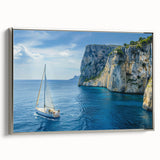 Framed canvas landscape art painting depicting the Mediterranean Sea with colorful vintage poster style.