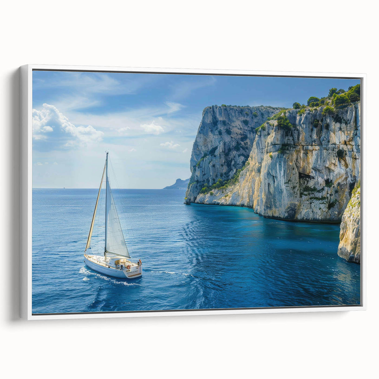 Vintage poster art of the Mediterranean Sea with colorful imagery on a framed canvas, ideal for living room decor.