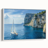 Vintage poster art of the Mediterranean Sea with colorful imagery on a framed canvas, ideal for living room decor.