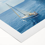 Art deco poster of the Mediterranean Sea, featuring soft blue and white tones, on rolled canvas.