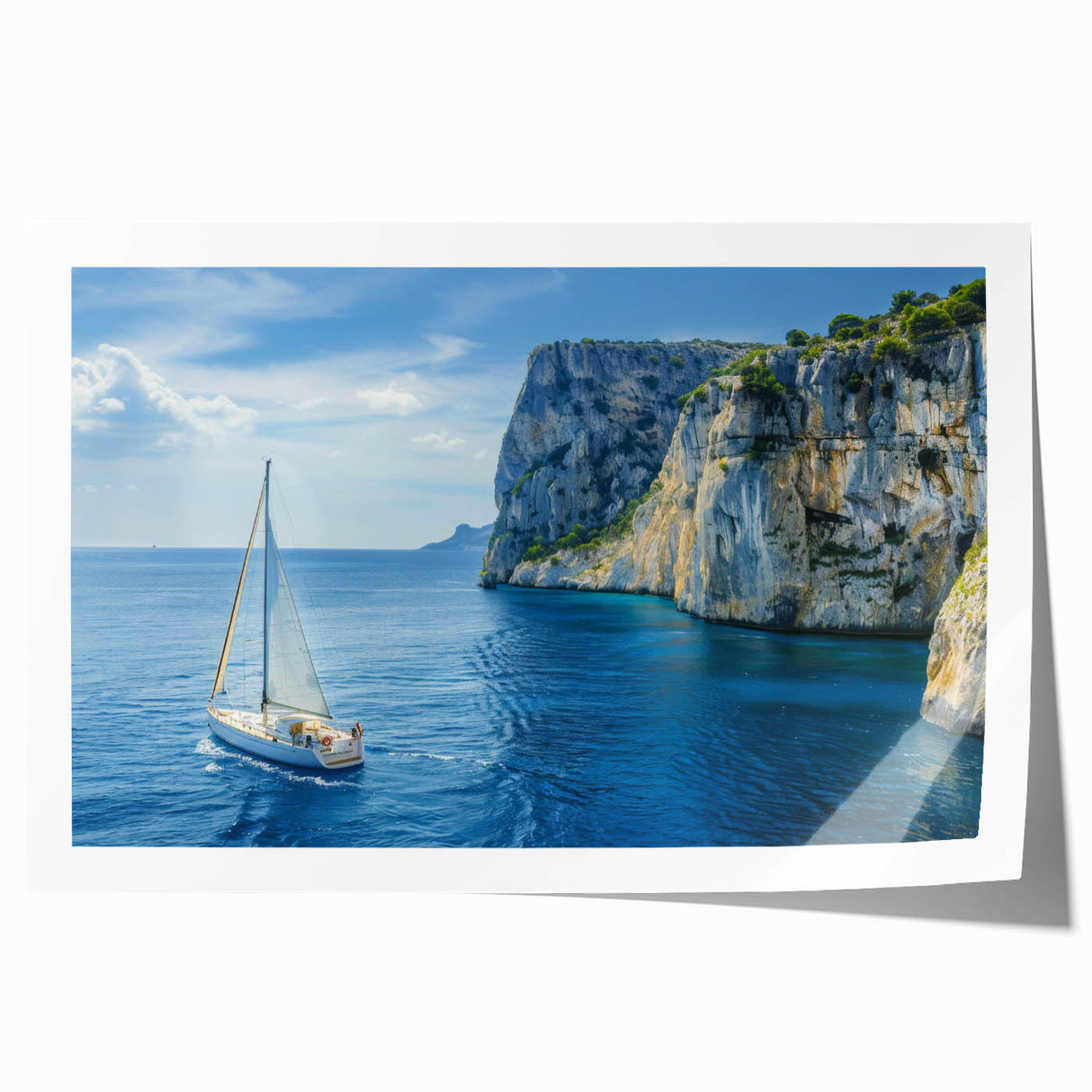 Extra large rolled print depicting a Mediterranean seascape with vibrant blue sea and sky.