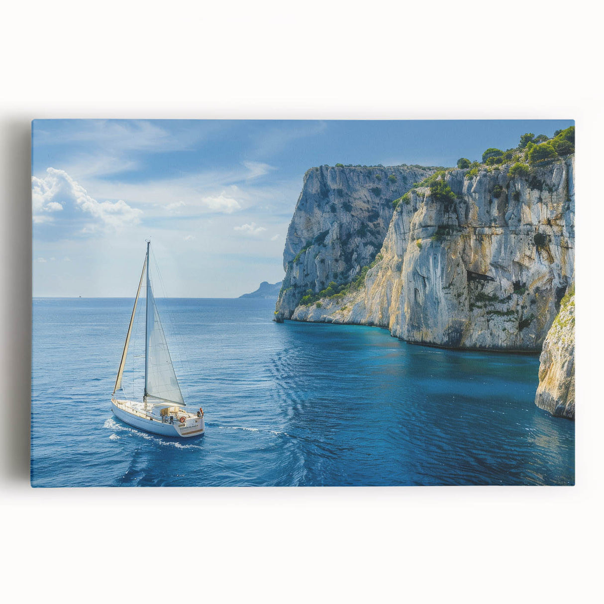 Black and white stretched canvas of Mediterranean Sea scenery, ideal for kitchen wall art.