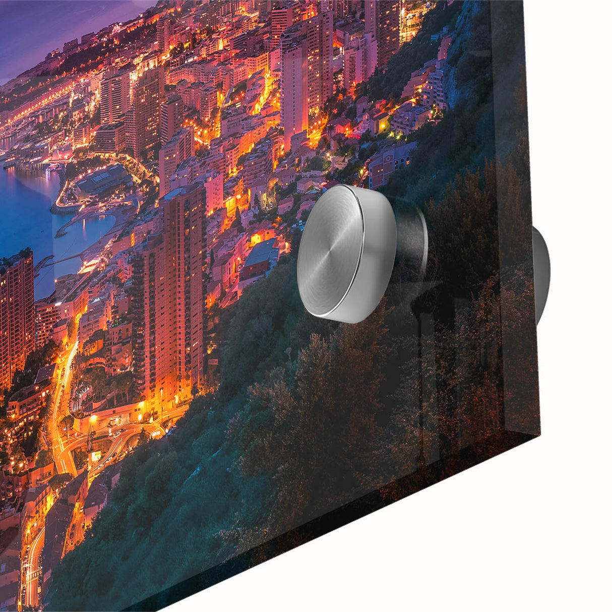 Large abstract wall art of Monaco scenery in muted blue and green tones on acrylic glass, suitable for dining room ambiance.