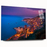 Large abstract wall art of Monaco scenery in vibrant blue and green shades on acrylic glass.