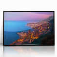 Large abstract wall art depicting a vibrant Monaco landscape in mid-century modernist style, framed in black acrylic.