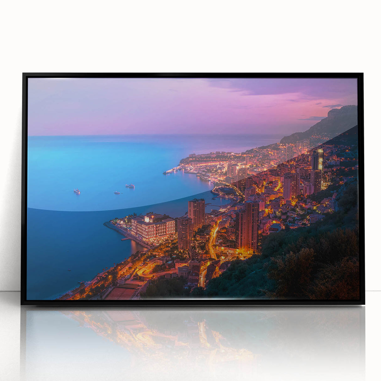 Large abstract wall art depicting a vibrant Monaco landscape in mid-century modernist style, framed in black acrylic.