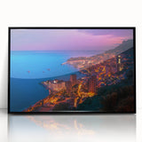 Large abstract wall art depicting a vibrant Monaco landscape in mid-century modernist style, framed in black acrylic.