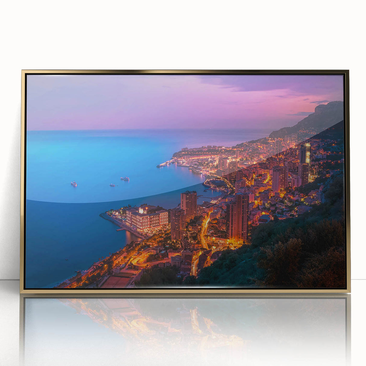 Art Deco style poster of Monaco scenery in muted gold and blue tones, acrylic framed, suitable for modern art wall decor.