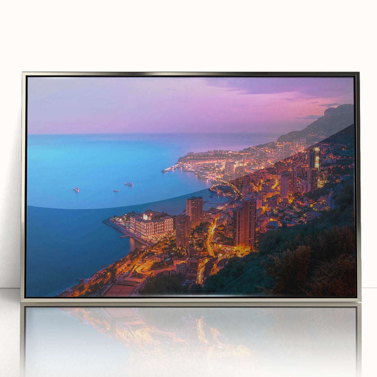 Large art print of Monaco scenery in mid-century modernist style, framed in silver acrylic, ideal for modern art wall decor.