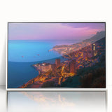 Mid-century modernist art depicting Monaco scenery in muted pastel colors on a white framed acrylic.
