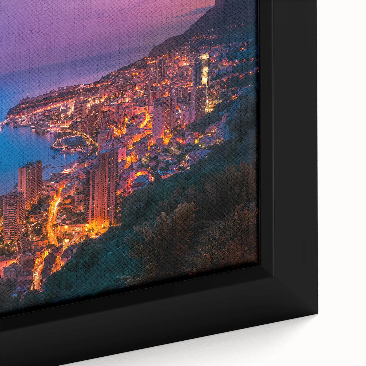 Black wall art of Monaco scenery on framed canvas, featuring textured, colorful art in extra large size.