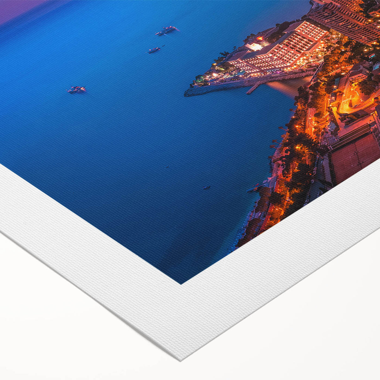 Art deco poster of Monaco scenery on rolled canvas with vibrant blue and beige tones, ideal for dining room decor.