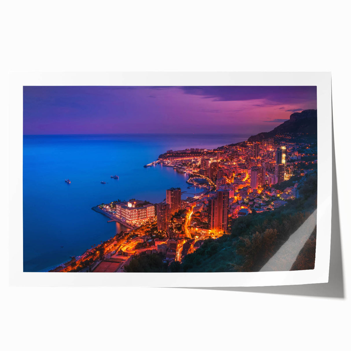 Extra large rolled print of Monaco scenery with vibrant floral elements, ideal for dining room wall art.