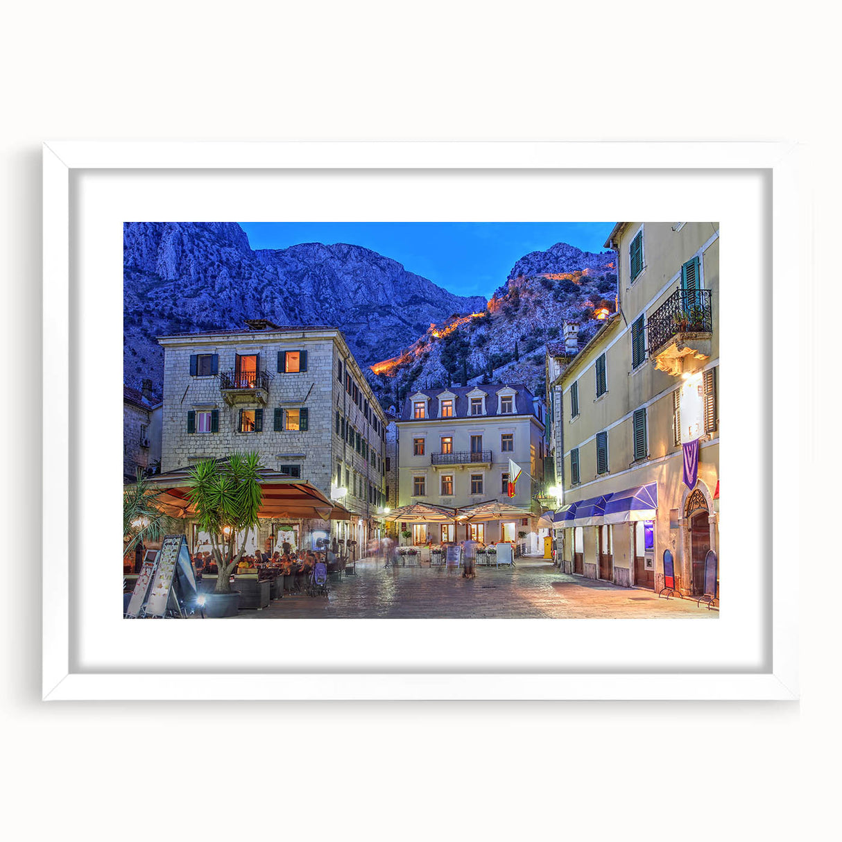 Textured abstract art print depicting a European Montenegro scenery in muted earth tones on a framed canvas.