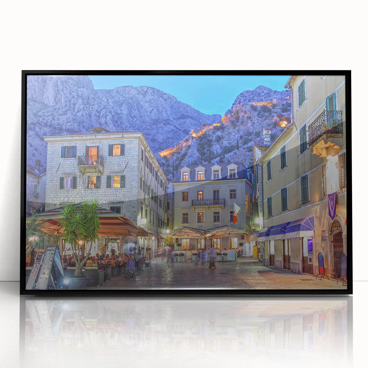 Large abstract wall art depicting a European Montenegro scenery in muted earth tones on a framed acrylic.