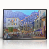 Large abstract wall art depicting a European Montenegro scenery in muted earth tones on a framed acrylic.